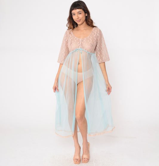 70s Sheer Nightgown Beige Lace Blue Chiffon Maxi Peignoir Empire Waist Tie Fairy Coquette Lingerie Robe Babydoll Vintage Romantic Small S