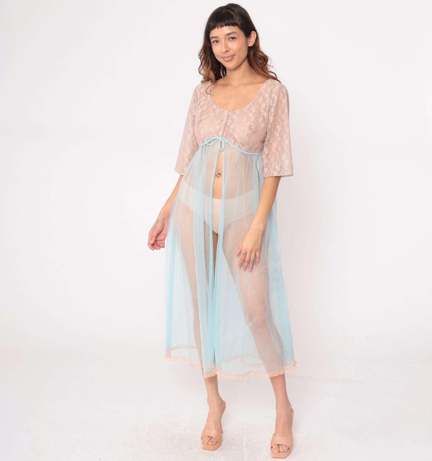 70s Sheer Nightgown Beige Lace Blue Chiffon Maxi Peignoir Empire Waist Tie Fairy Coquette Lingerie Robe Babydoll Vintage Romantic Small S