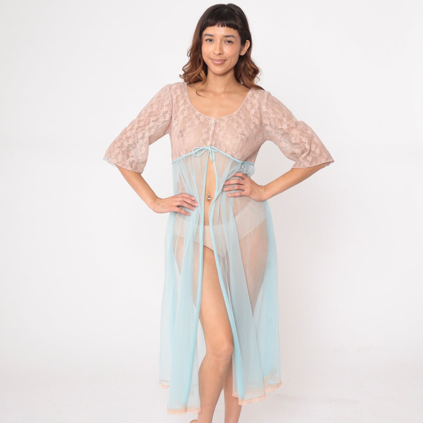 70s Sheer Nightgown Beige Lace Blue Chiffon Maxi Peignoir Empire Waist Tie Fairy Coquette Lingerie Robe Babydoll Vintage Romantic Small S