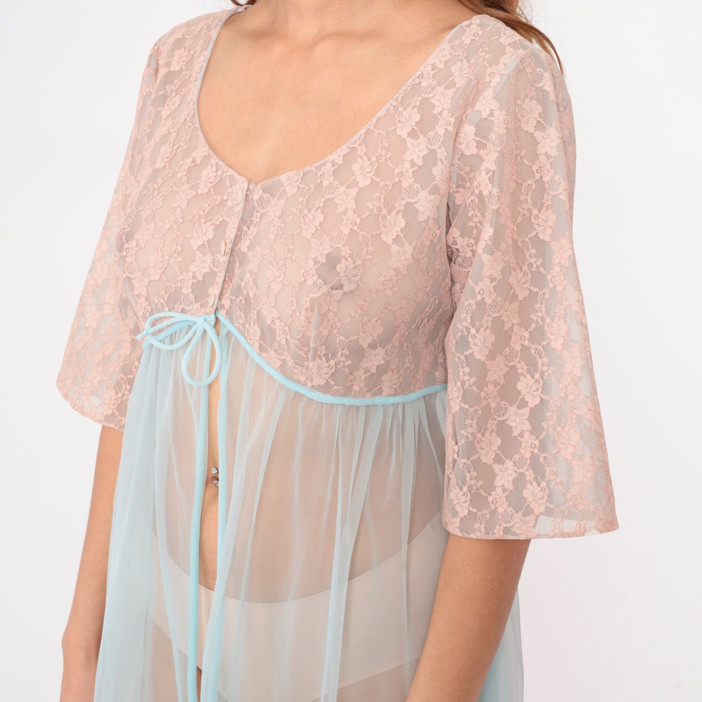 70s Sheer Nightgown Beige Lace Blue Chiffon Maxi Peignoir Empire Waist Tie Fairy Coquette Lingerie Robe Babydoll Vintage Romantic Small S