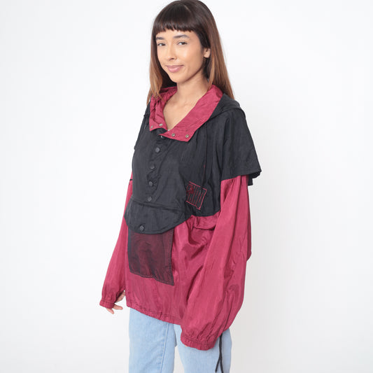 Reebok 90s Windbreaker Color Block Black Pink Hooded Athletic Track Jacket Vintage Streetwear Gorpcore Y2K Hip Hop Panels Urban Medium M