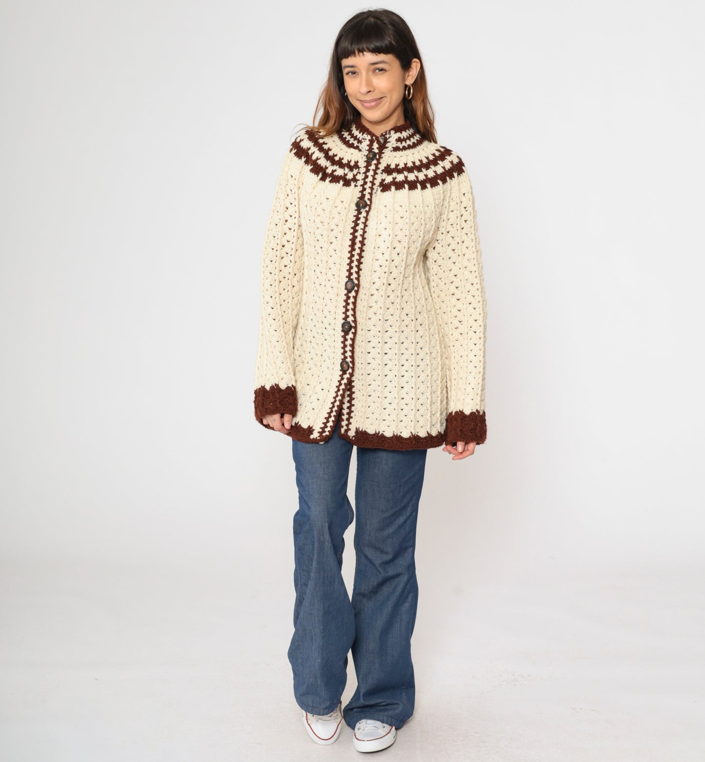 70s Cream Crochet Boho Cardigan S/M