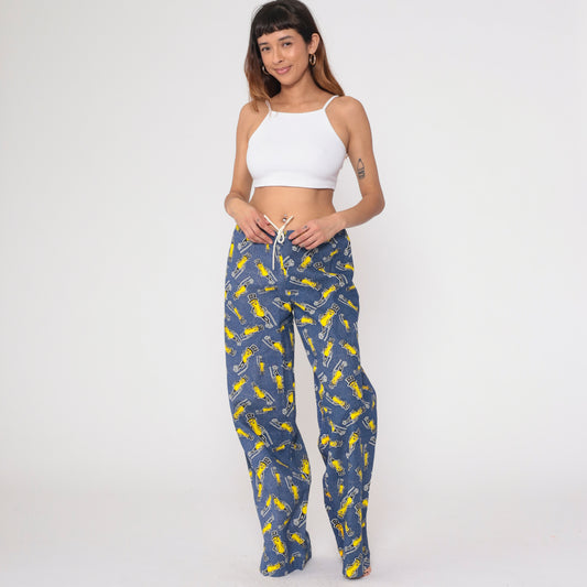 70s Planters Peanuts Pants Blue Yellow Mascot Pajama Lounge Wide Leg Drawstring Waist Palazzo Novelty Character Vintage Sleep Wear Medium M