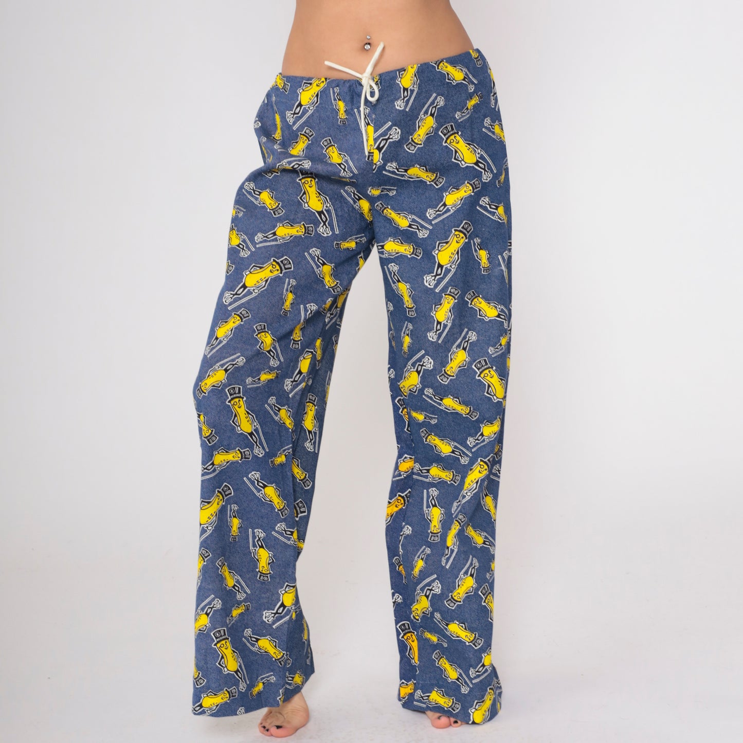 70s Planters Peanuts Pants Blue Yellow Mascot Pajama Lounge Wide Leg Drawstring Waist Palazzo Novelty Character Vintage Sleep Wear Medium M