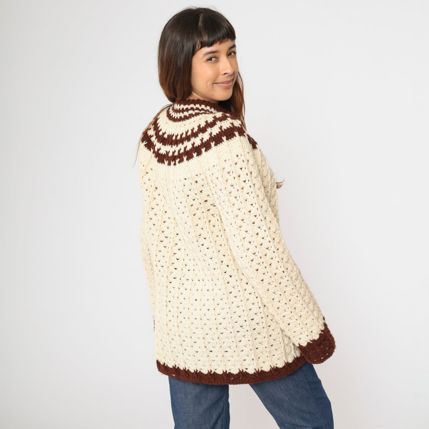 70s Cream Crochet Boho Cardigan S/M