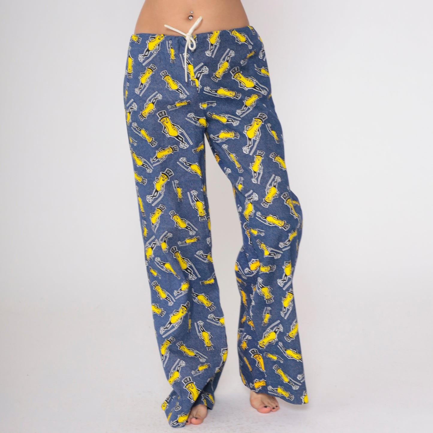 70s Planters Peanuts Pants Blue Yellow Mascot Pajama Lounge Wide Leg Drawstring Waist Palazzo Novelty Character Vintage Sleep Wear Medium M