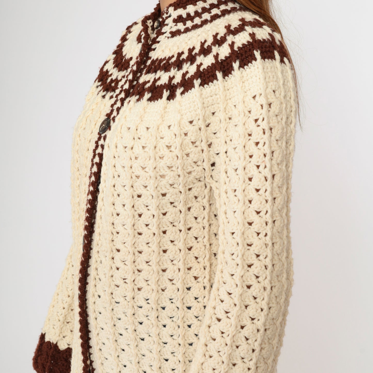 70s Cream Crochet Boho Cardigan S/M