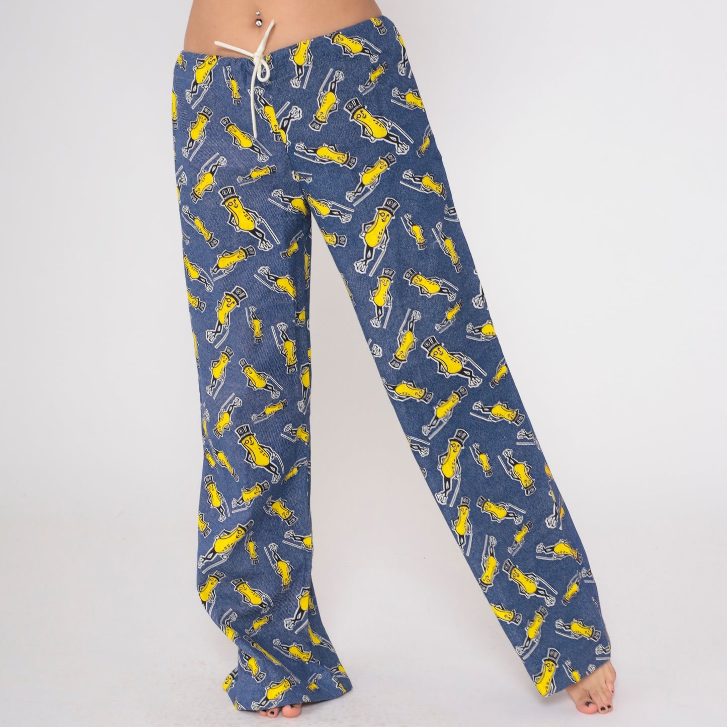 70s Planters Peanuts Pants Blue Yellow Mascot Pajama Lounge Wide Leg Drawstring Waist Palazzo Novelty Character Vintage Sleep Wear Medium M