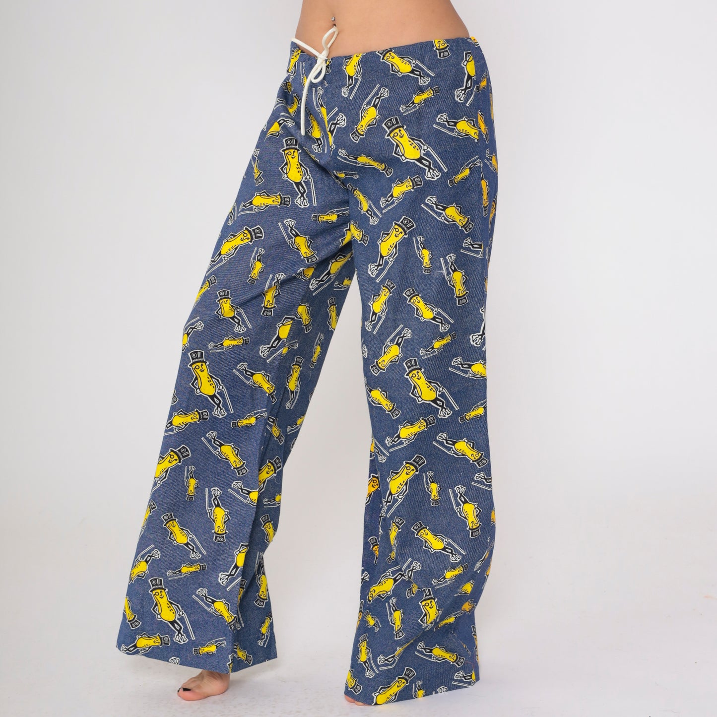 70s Planters Peanuts Pants Blue Yellow Mascot Pajama Lounge Wide Leg Drawstring Waist Palazzo Novelty Character Vintage Sleep Wear Medium M