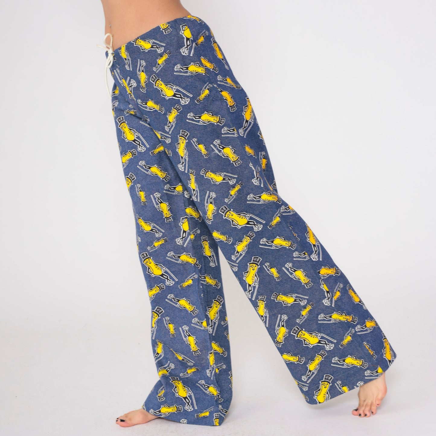 70s Planters Peanuts Pants Blue Yellow Mascot Pajama Lounge Wide Leg Drawstring Waist Palazzo Novelty Character Vintage Sleep Wear Medium M