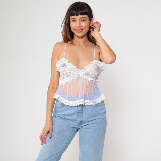 90s Babydoll Cami White Sheer Lace Top Spaghetti Strap Crop Coquette Balletcore Vintage Nightwear Bridal Lingerie Valentines Day Small S