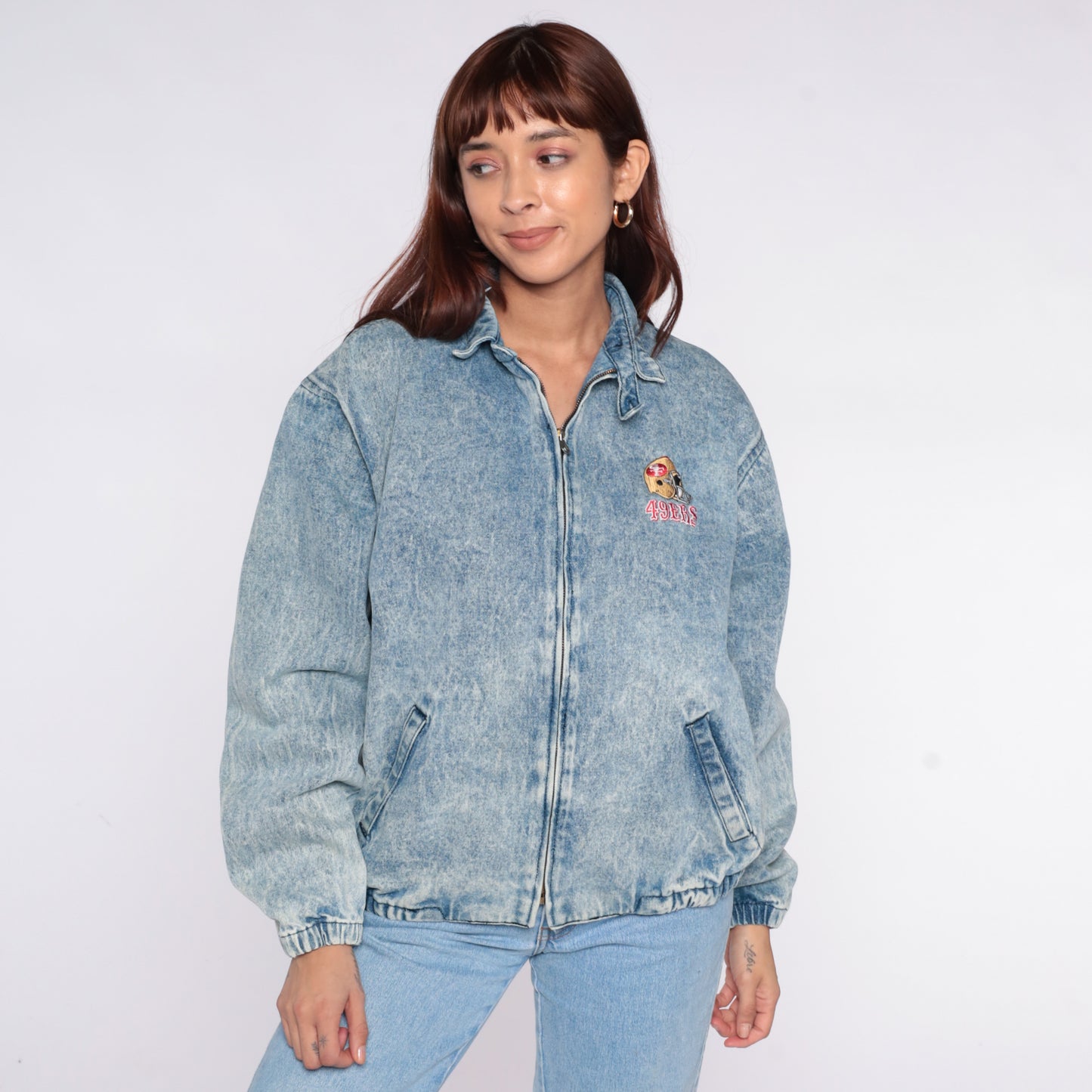 San Francisco 49ers Denim Jacket 80s Acid Wash Bomber Chalk Line Blue NFL Football Cotton Elastic Waist Vintage Sports Windbreaker Large L