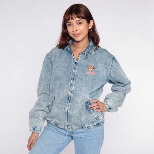 San Francisco 49ers Denim Jacket 80s Acid Wash Bomber Chalk Line Blue NFL Football Cotton Elastic Waist Vintage Sports Windbreaker Large L