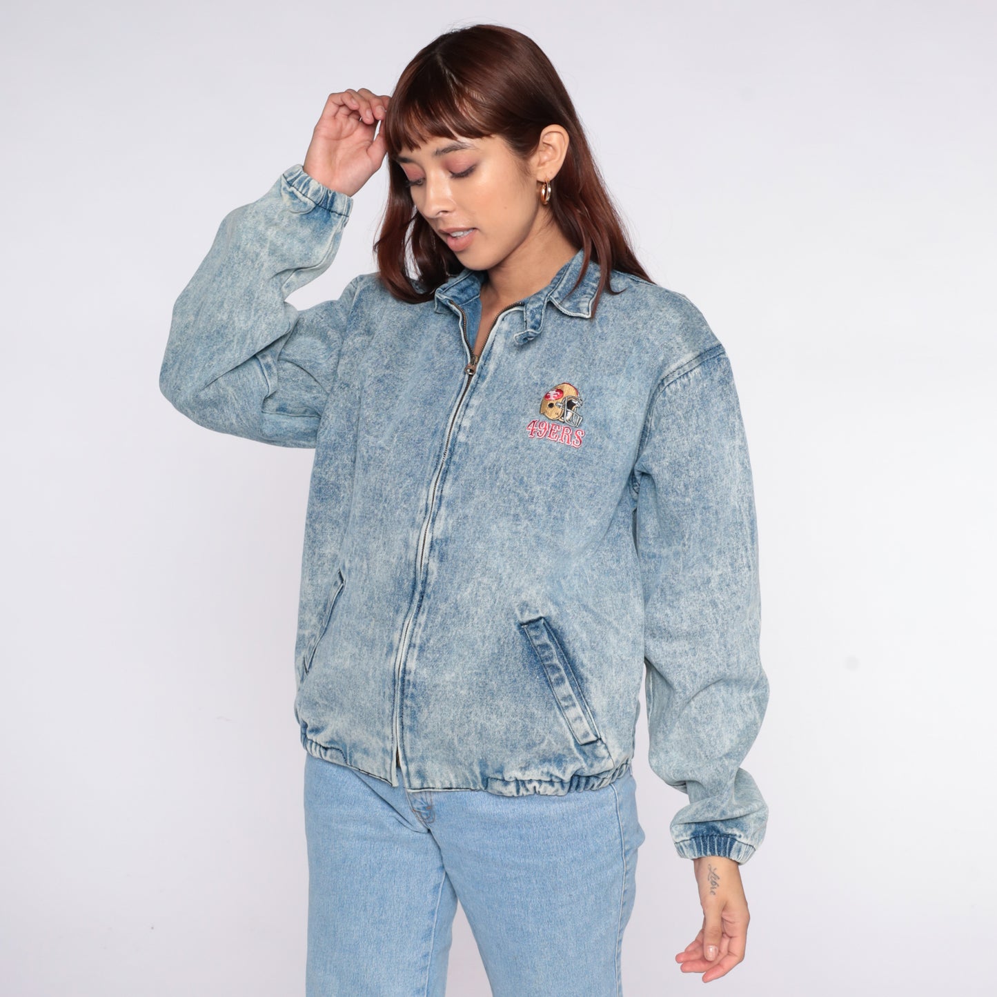 San Francisco 49ers Denim Jacket 80s Acid Wash Bomber Chalk Line Blue NFL Football Cotton Elastic Waist Vintage Sports Windbreaker Large L