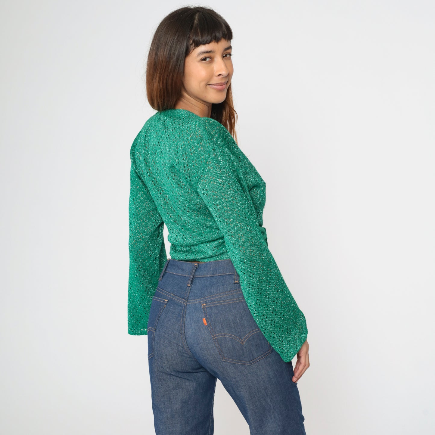 Vintage 70s Metallic Green Knit Crop Top S