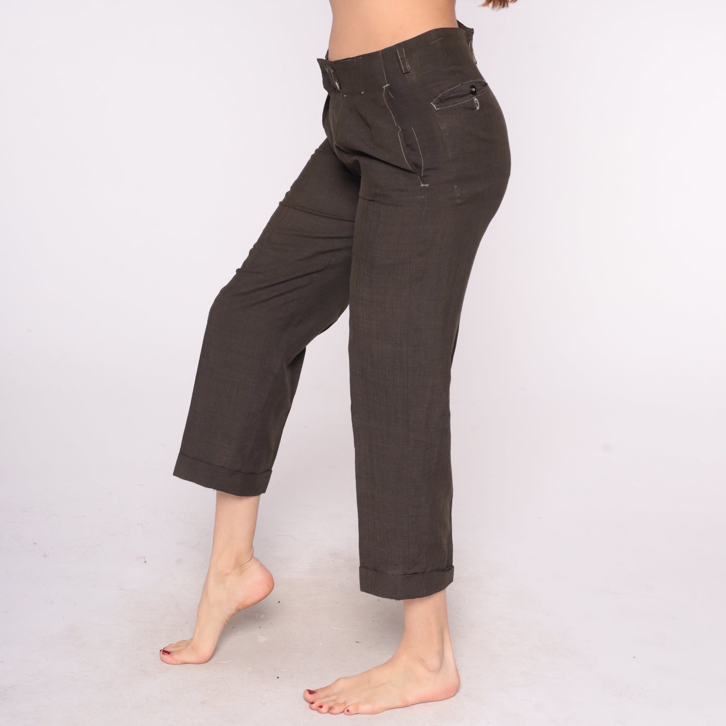 60s Playboy Pants Brown High Rise Cropped Capri Cuffed Pleated Pockets Belt Tabs Vintage Bunny Logo Patch Utility Trousers Medium Play Boy M