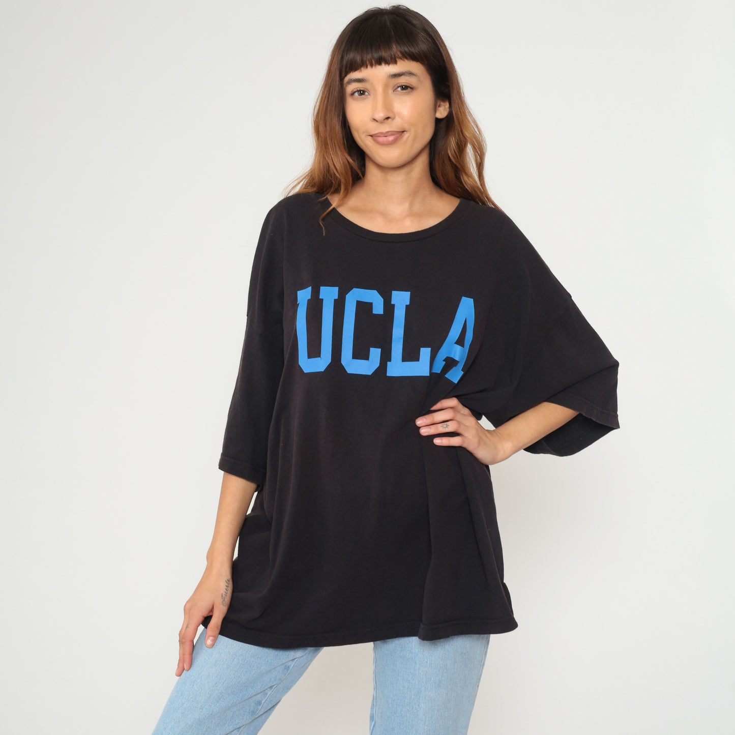 Black UCLA Shirt Y2K Plus Size Blue Cotton Graphic Shirt University College 3/4 Sleeve Vintage Streetwear Collegiate Extra Extra Large XXL