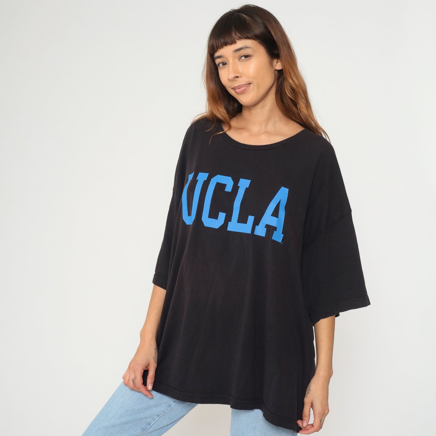 Black UCLA Shirt Y2K Plus Size Blue Cotton Graphic Shirt University College 3/4 Sleeve Vintage Streetwear Collegiate Extra Extra Large XXL