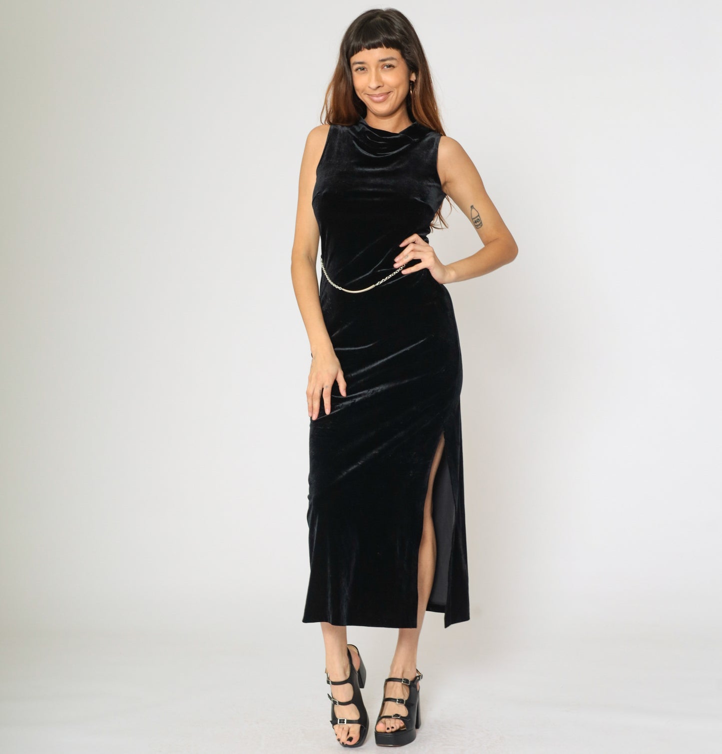 90s Black Velvet Maxi Dress with Chain Belt 5/6