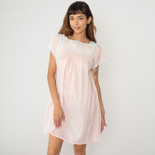 Christian Dior Mini Dress 90s Pink Lace Trim Prairie Cottagecore Short Sleeve Embroidered Feminine Coquette Summer Vintage Nightie Small S