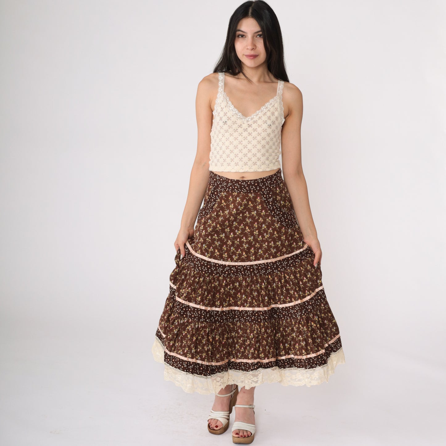 70's Ruffled Brown Floral Prairie Skirt