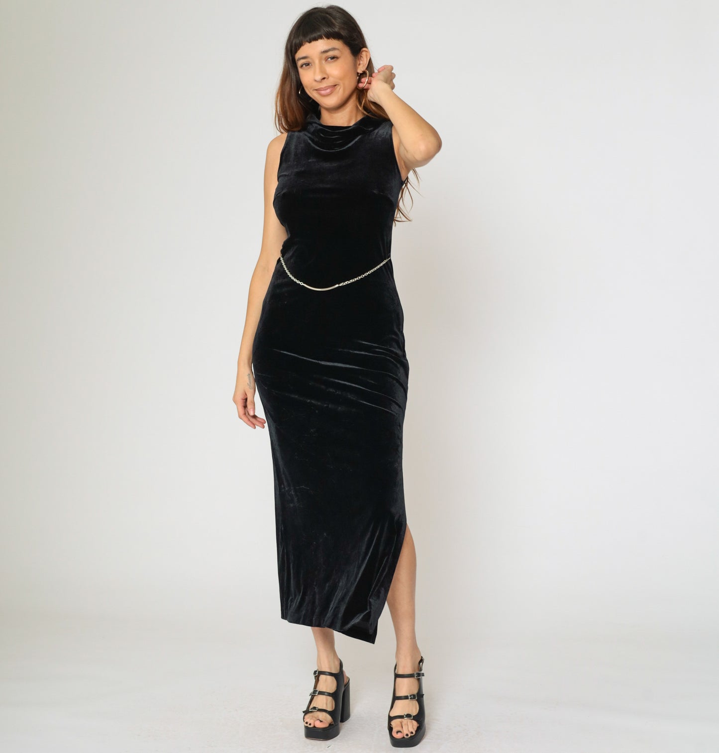 90s Black Velvet Maxi Dress with Chain Belt 5/6