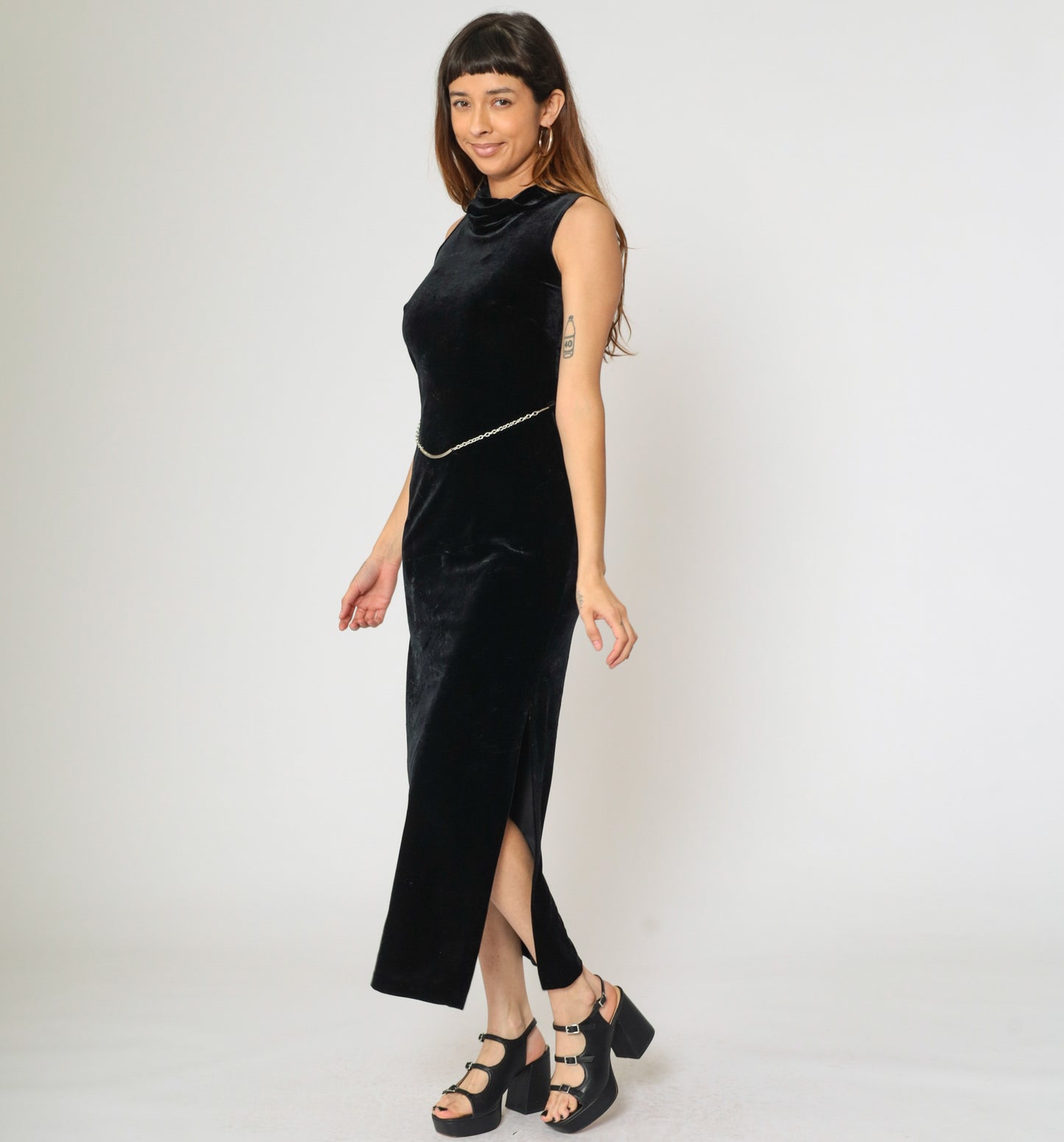 90s Black Velvet Maxi Dress with Chain Belt 5/6
