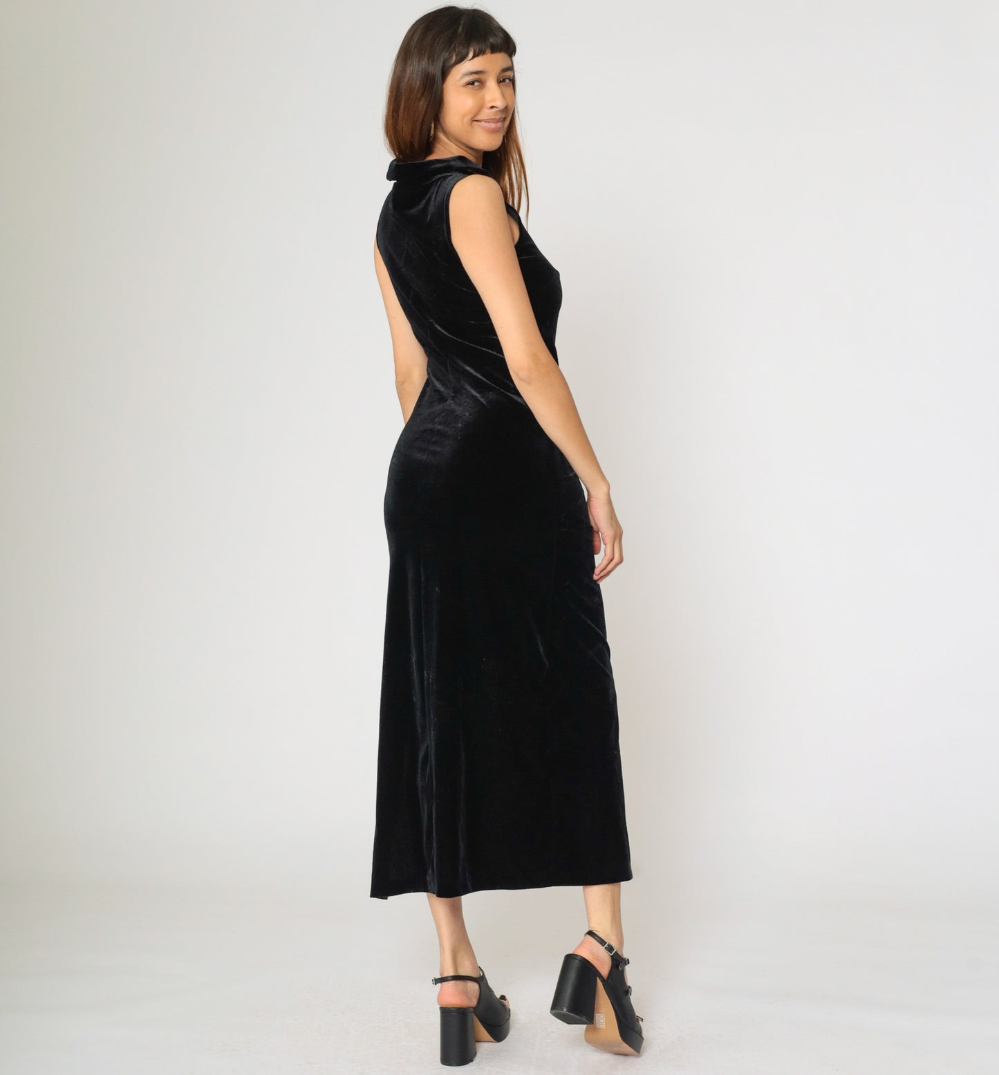 90s Black Velvet Maxi Dress with Chain Belt 5/6