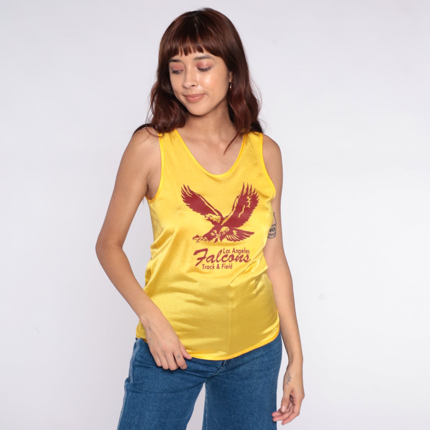 Y2K Track Field Tank Yellow Gold Athletic Top Eagle Graphic Los Angeles Falcons Sporty Collegiate Preppy 90s Hip Hop Vintage Team Small S