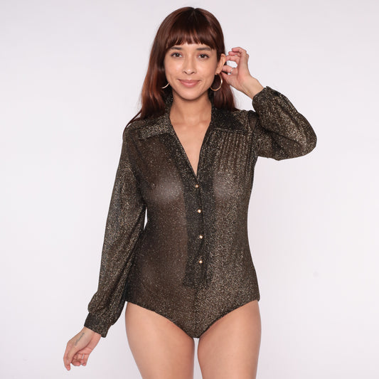 70s Disco Bodysuit Metallic Black Gold Sheer Long Sleeve Collared Club Party Sparkle Shimmer Vintage Glam Going Out Night Top Medium M