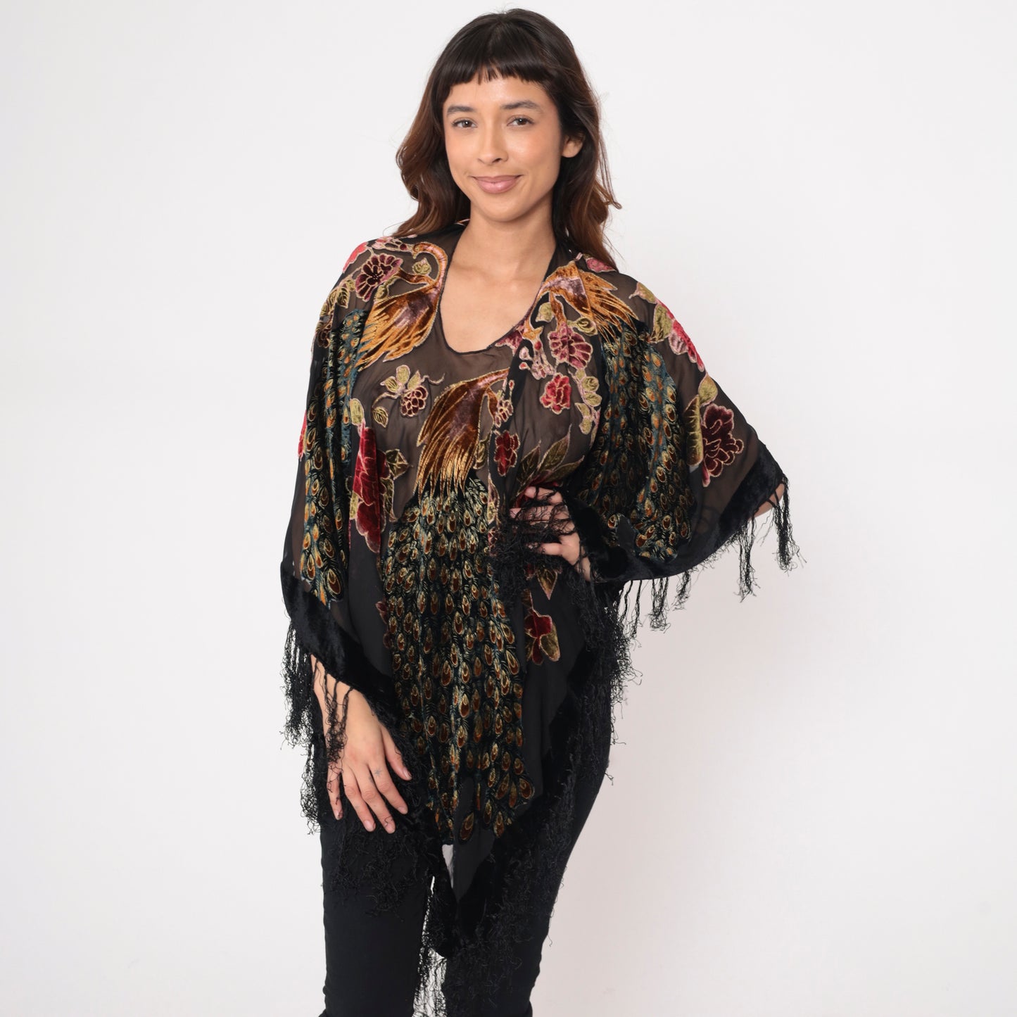 Silk Peacock Shawl Kimono Floral Embroidered Black Lace Fringe Sheer Open Front Velvet Bohemian Vintage Coverup Jacket Gold Large L