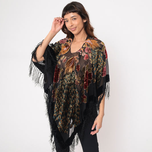 Silk Peacock Shawl Kimono Floral Embroidered Black Lace Fringe Sheer Open Front Velvet Bohemian Vintage Coverup Jacket Gold Large L