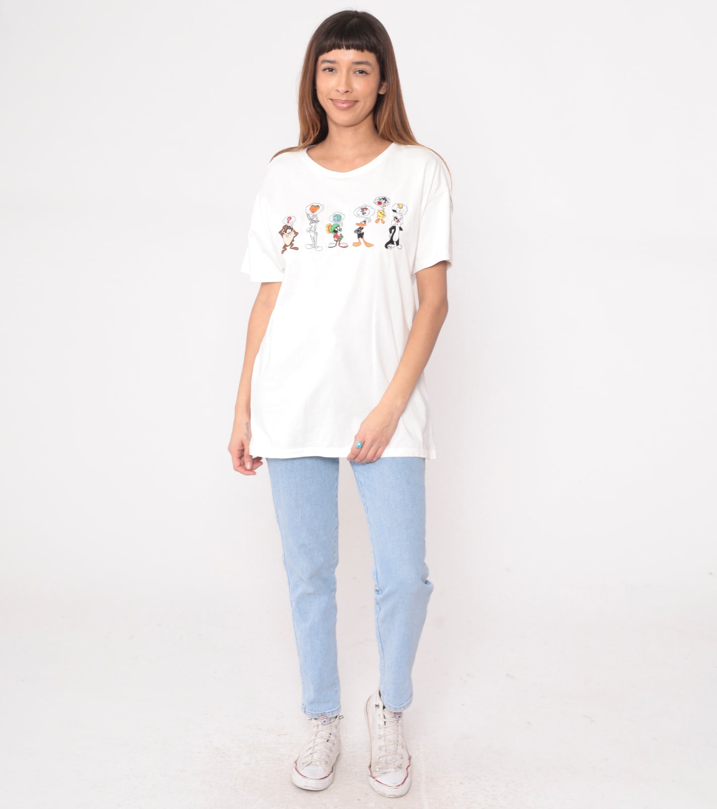 Y2K Looney Tunes Shirt White Cotton Tee Warner Bros Bugs Bunny Daffy Duck Pepe Le Pew Tasmanian Devil Marvin Martian Cartoon Graphic Vintage 2000s Studio Store Large L