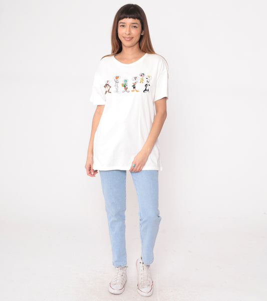 Y2K Looney Tunes Shirt White Cotton Tee Warner Bros Bugs Bunny Daffy Duck Pepe Le Pew Tasmanian Devil Marvin Martian Cartoon Graphic Vintage 2000s Studio Store Large L