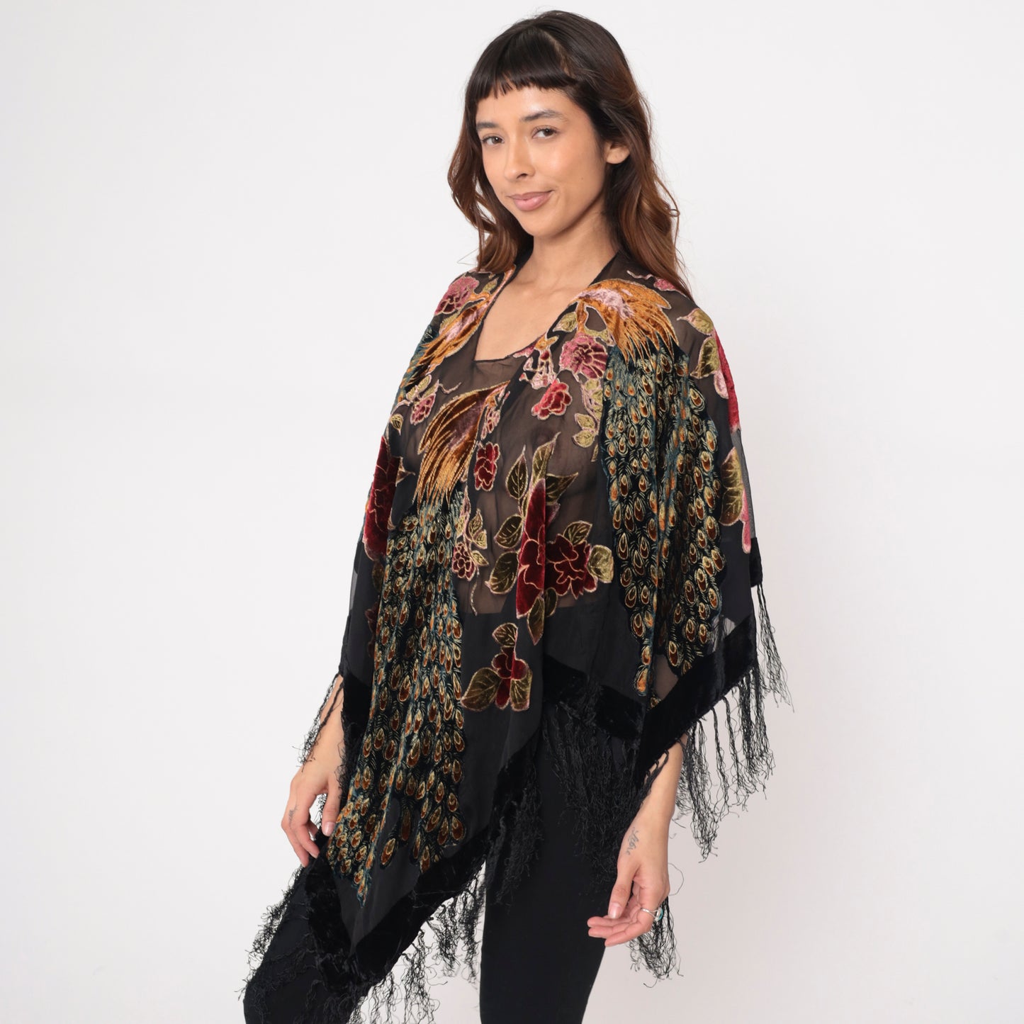 Silk Peacock Shawl Kimono Floral Embroidered Black Lace Fringe Sheer Open Front Velvet Bohemian Vintage Coverup Jacket Gold Large L