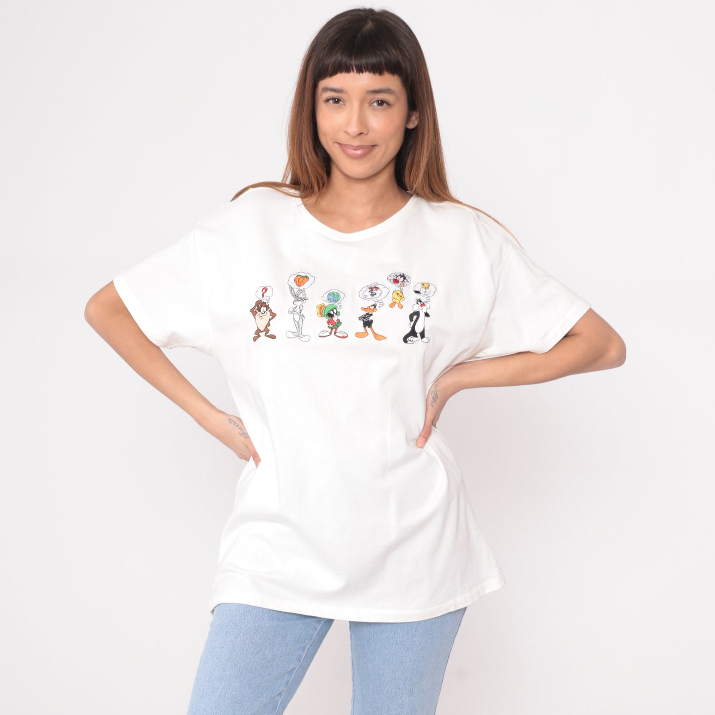 Y2K Looney Tunes Shirt White Cotton Tee Warner Bros Bugs Bunny Daffy Duck Pepe Le Pew Tasmanian Devil Marvin Martian Cartoon Graphic Vintage 2000s Studio Store Large L