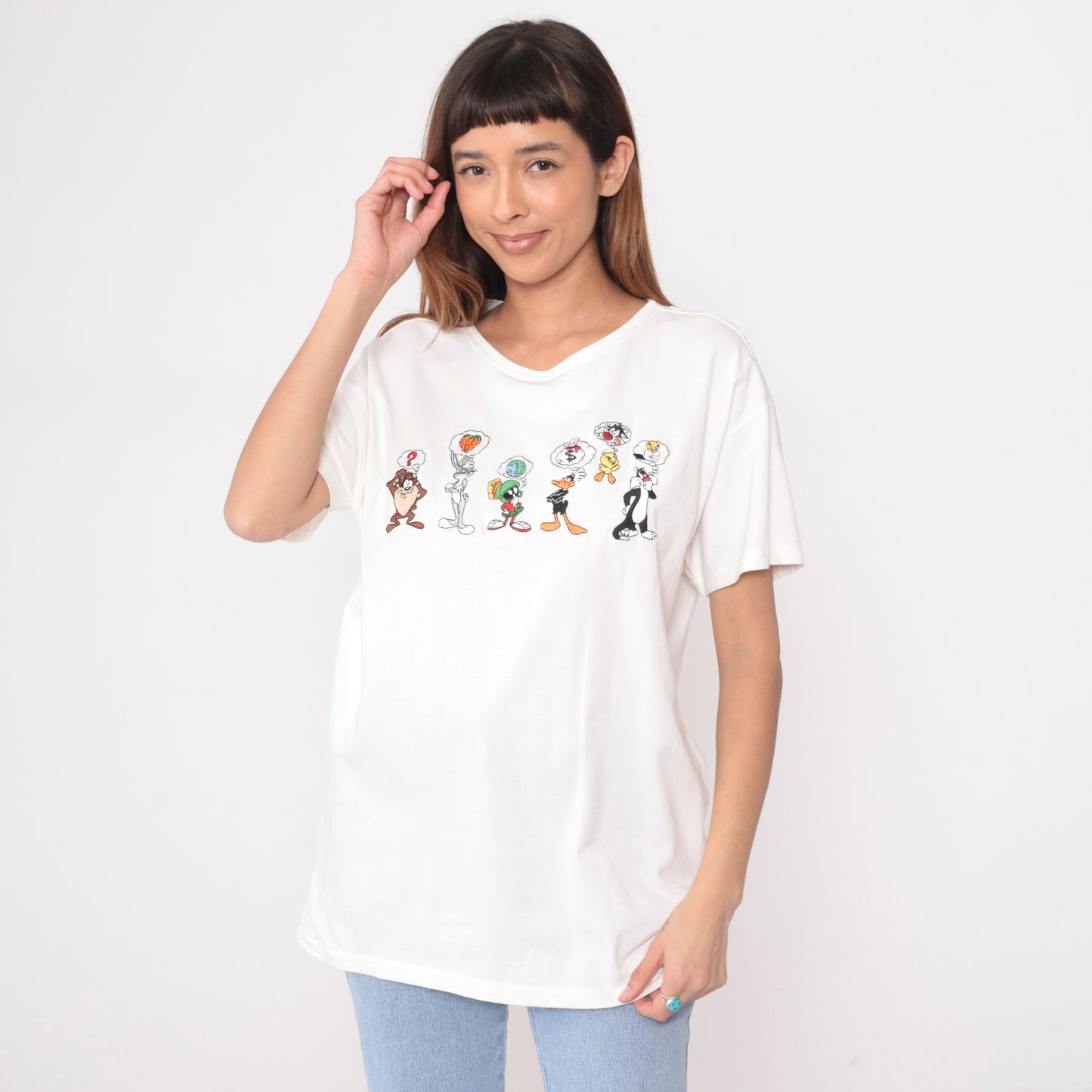 Y2K Looney Tunes Shirt White Cotton Tee Warner Bros Bugs Bunny Daffy Duck Pepe Le Pew Tasmanian Devil Marvin Martian Cartoon Graphic Vintage 2000s Studio Store Large L