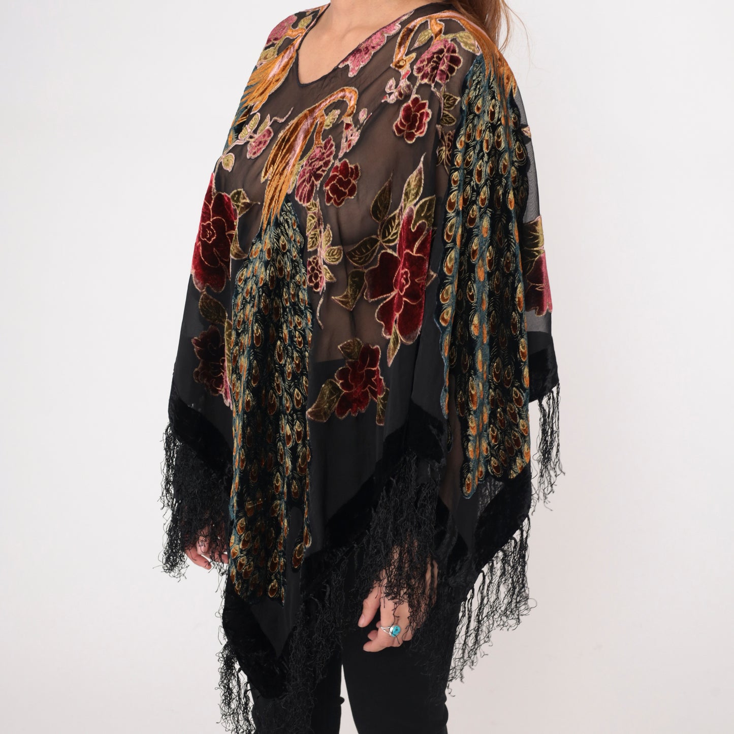 Silk Peacock Shawl Kimono Floral Embroidered Black Lace Fringe Sheer Open Front Velvet Bohemian Vintage Coverup Jacket Gold Large L