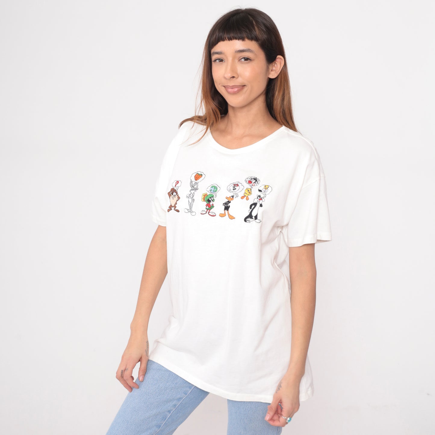 Y2K Looney Tunes Shirt White Cotton Tee Warner Bros Bugs Bunny Daffy Duck Pepe Le Pew Tasmanian Devil Marvin Martian Cartoon Graphic Vintage 2000s Studio Store Large L