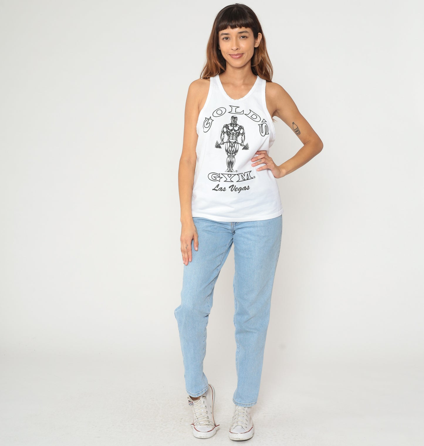 Golds Gym Tank Top 90s White Racerback Las Vegas Cotton Athletic Vintage Workout Muscle Shirt Fitness Training Gym Wear Bodybuilding Medium