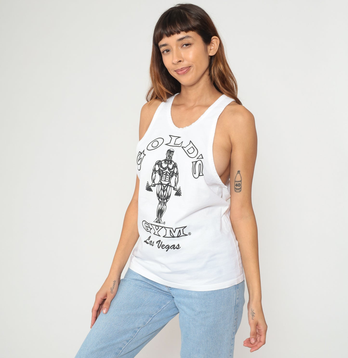 Golds Gym Tank Top 90s White Racerback Las Vegas Cotton Athletic Vintage Workout Muscle Shirt Fitness Training Gym Wear Bodybuilding Medium