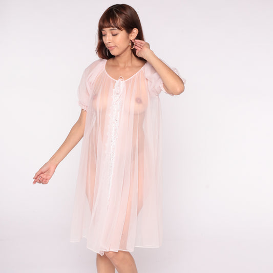 80s Pink Nightgown Sheer White Lace Trim Puff Sleeve Negligee Romantic Coquette Pastel Blush Vintage Lingerie Babydoll Medium Large M L