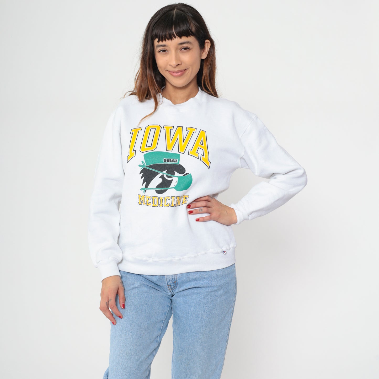 Iowa Medicine Sweatshirt Russell Athletic 90s University College White Crew Neck Cotton Herky Mascot Vintage Medical School AMSA Medium M