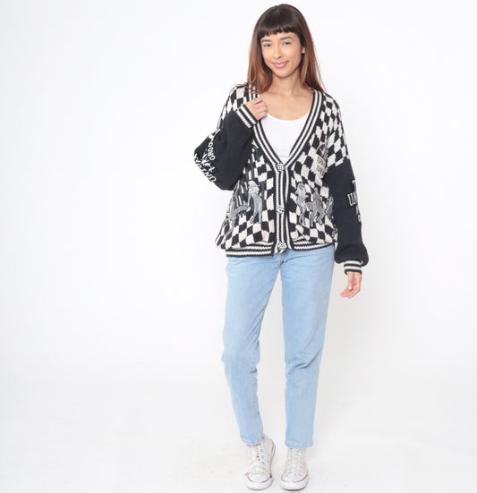 90s Untouchables Cardigan Black White Checkered Argyle Pattern Graphic Cotton Vintage Streetwear Dance Music Extra Large XL