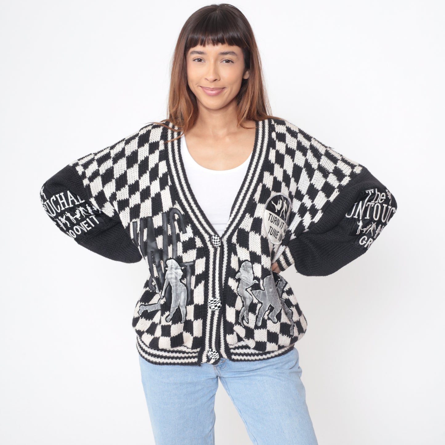90s Untouchables Cardigan Black White Checkered Argyle Pattern Graphic Cotton Vintage Streetwear Dance Music Extra Large XL