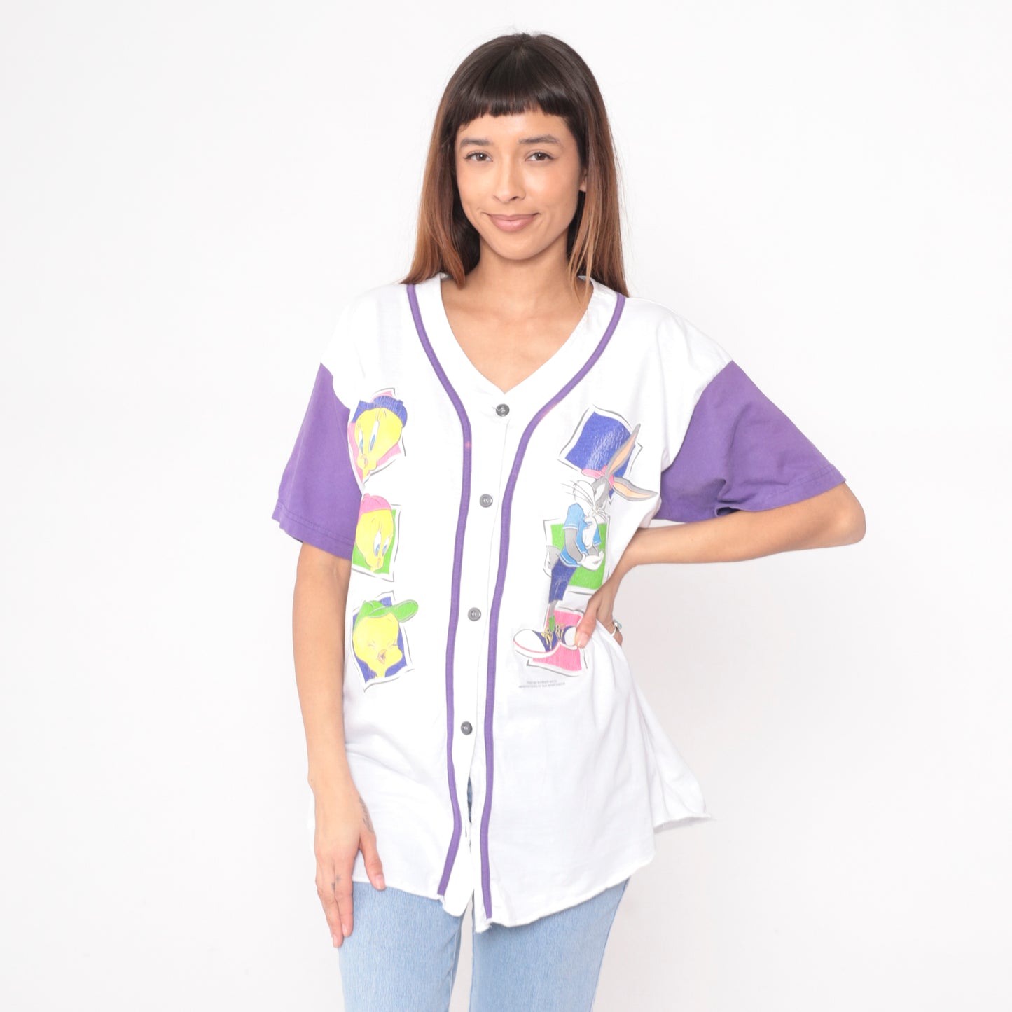 90s Looney Tunes Baseball Jersey Button Front Tweety Bugs Bunny White Purple Character Sun Sportswear Vintage Short Sleeve Top Extra Large