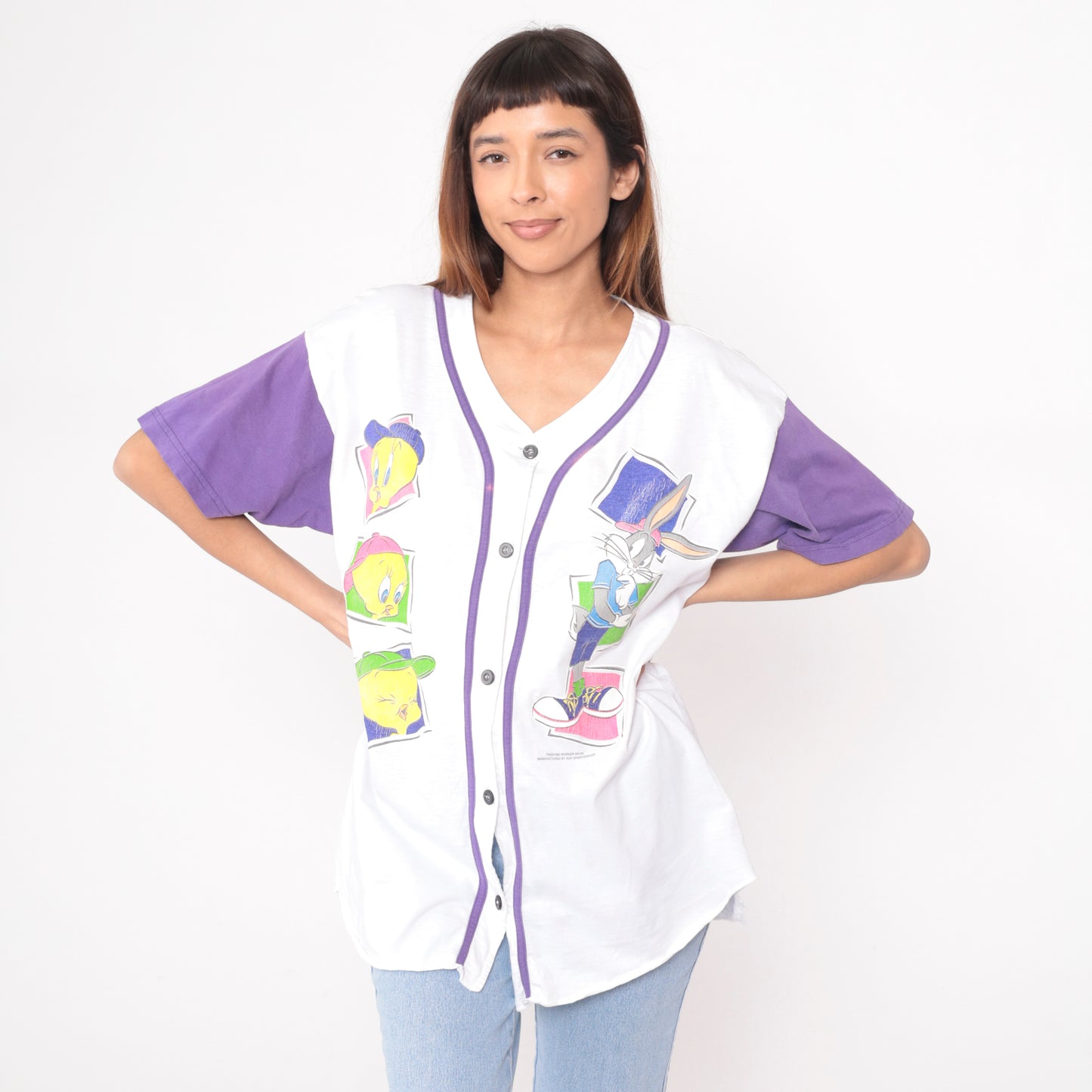 90s Looney Tunes Baseball Jersey Button Front Tweety Bugs Bunny White Purple Character Sun Sportswear Vintage Short Sleeve Top Extra Large