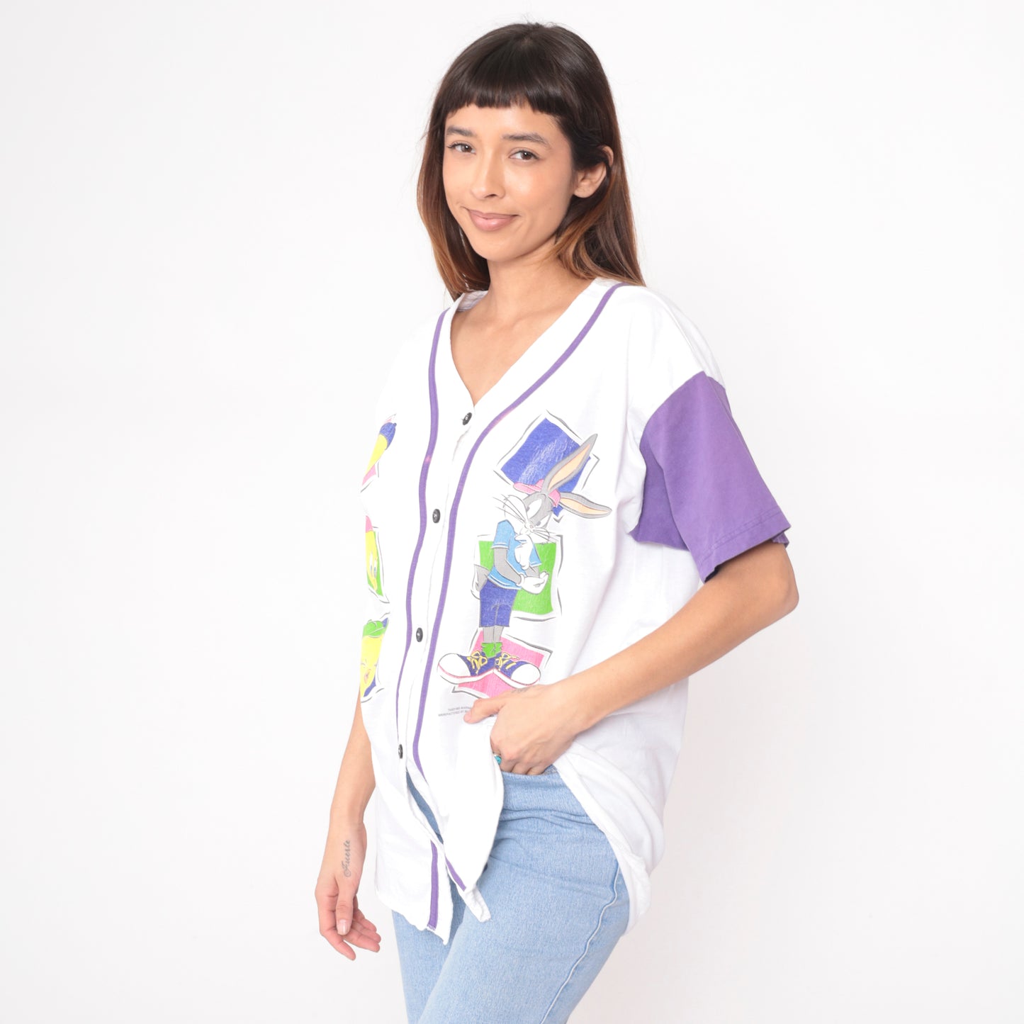 90s Looney Tunes Baseball Jersey Button Front Tweety Bugs Bunny White Purple Character Sun Sportswear Vintage Short Sleeve Top Extra Large