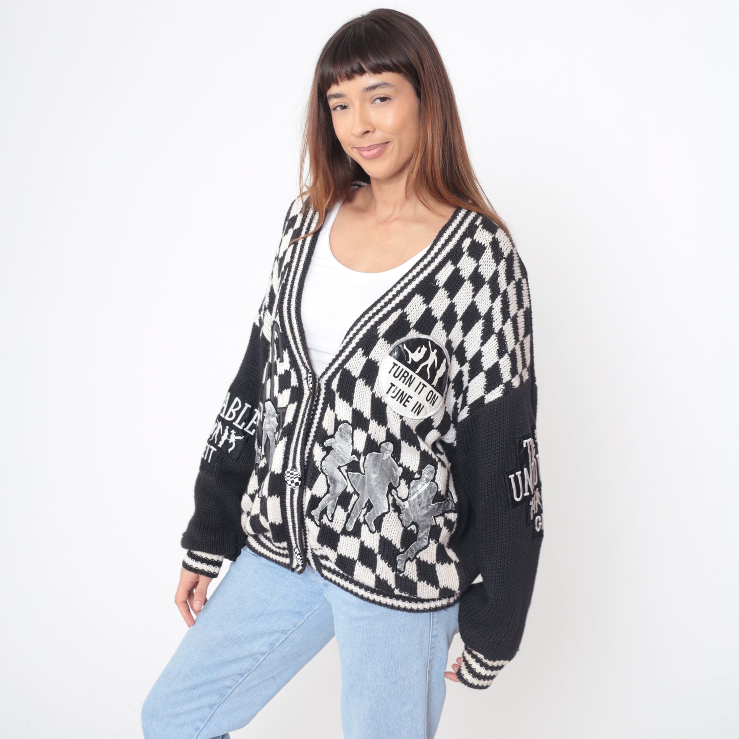 90s Untouchables Cardigan Black White Checkered Argyle Pattern Graphic Cotton Vintage Streetwear Dance Music Extra Large XL