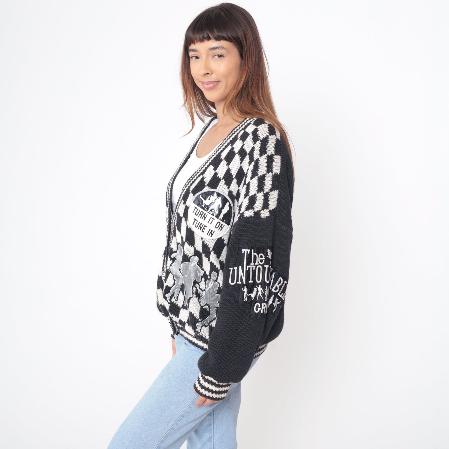 90s Untouchables Cardigan Black White Checkered Argyle Pattern Graphic Cotton Vintage Streetwear Dance Music Extra Large XL